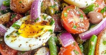 Assiette de salade niçoise tiède avec pommes de terre, œufs, haricots verts, tomates cerises et olives noires