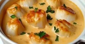 Cassolettes de noix de Saint-Jacques gratinées à la crème et persil dans de petits ramequins individuels