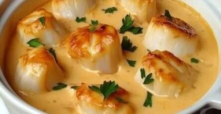 Cassolettes de noix de Saint-Jacques gratinées à la crème et persil dans de petits ramequins individuels