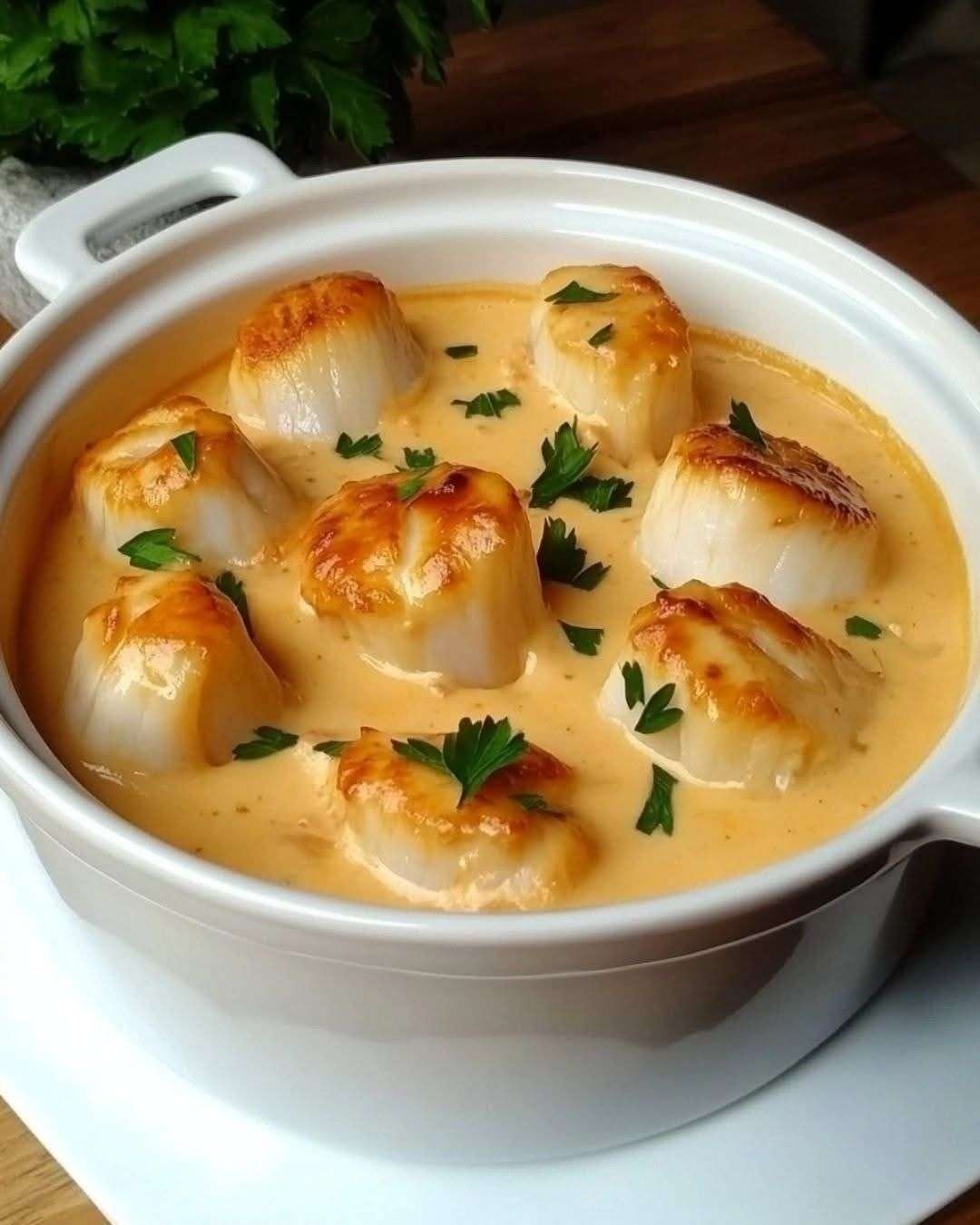 Cassolettes de noix de Saint-Jacques gratinées à la crème et persil dans de petits ramequins individuels