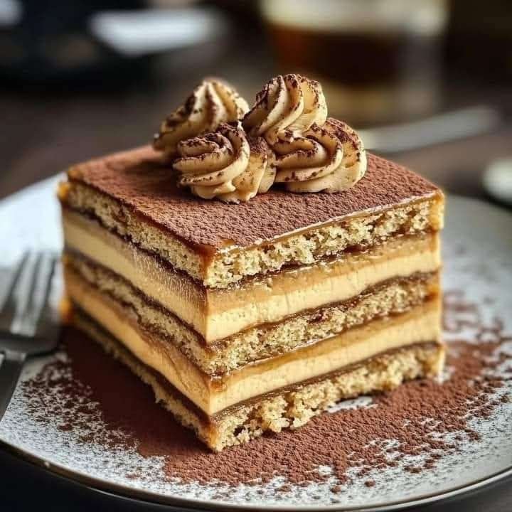 Gâteau Petit Beurre au café en couches, recouvert de crème cacao-vanille et de chocolat râpé dans un plat rectangulaire