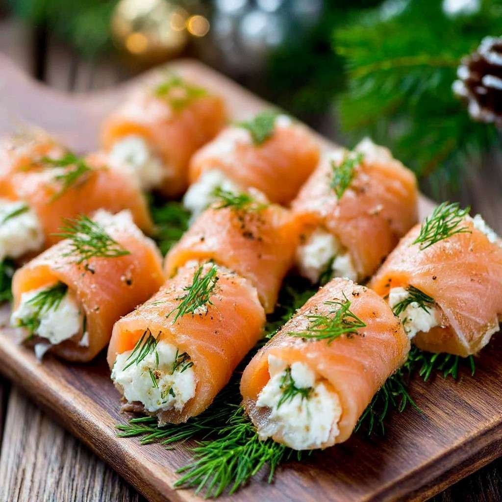 Roulés de saumon fumé garnis de fromage frais à l’aneth, coupés en bouchées et disposés sur un plateau apéritif