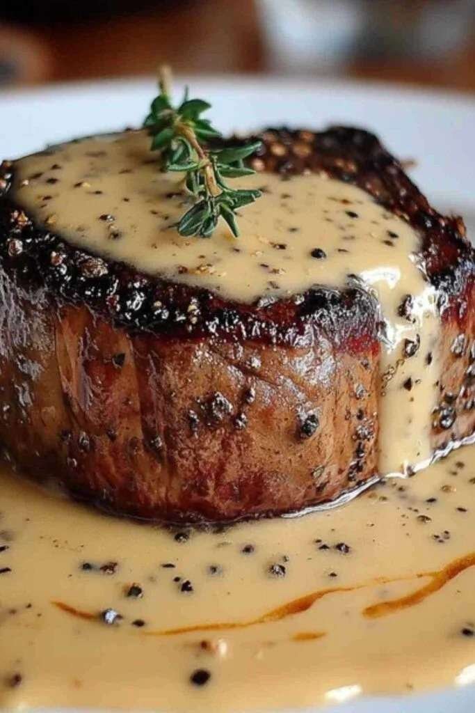 Médaillons de filet de bœuf nappés de sauce miel moutarde crémeuse, servis avec pommes de terre rôties