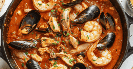 Marmite de la mer servie en cocotte avec fruits de mer et sauce rouille à côté