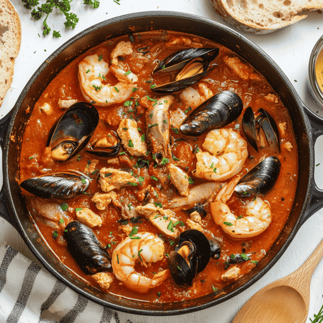 Marmite de la mer servie en cocotte avec fruits de mer et sauce rouille à côté