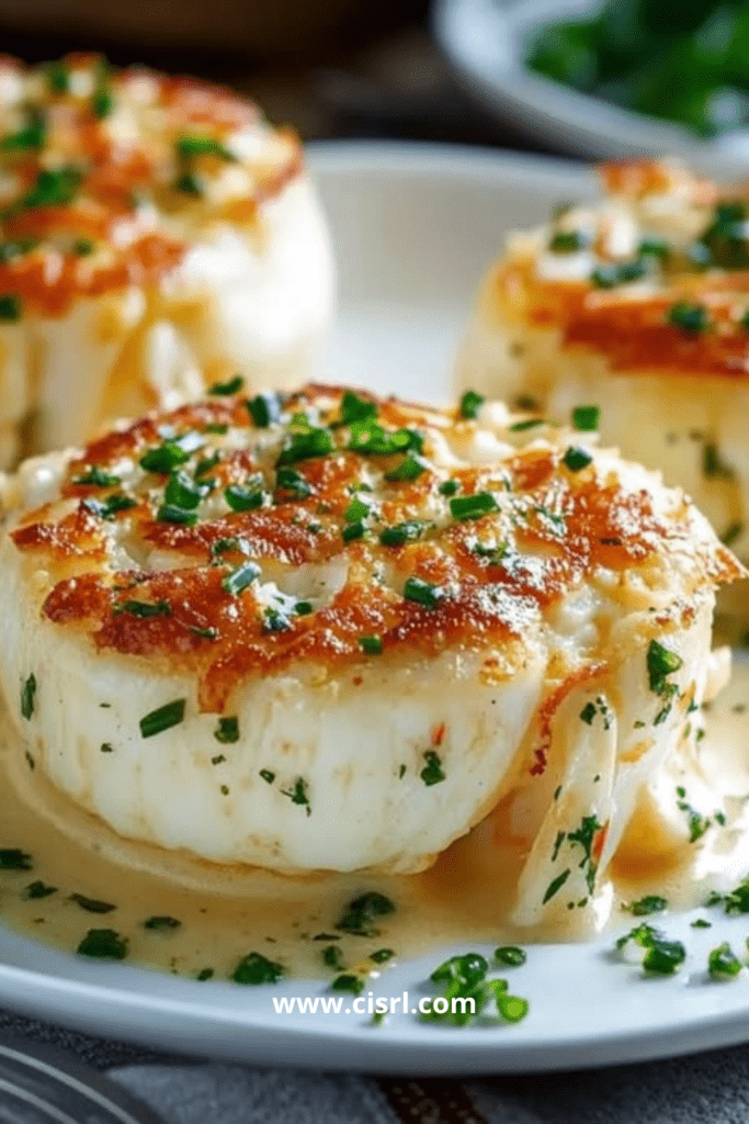 Flans de crabe démoulés, nappés de sauce à la ciboulette dans des assiettes