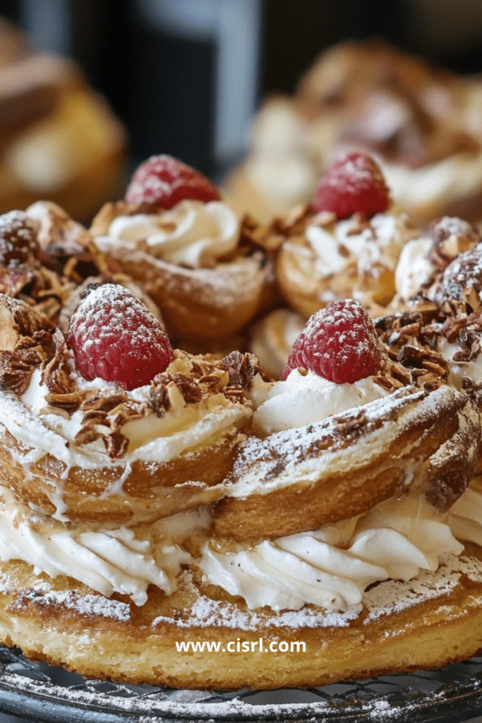 Paris-Brest traditionnel en couronne garni de crème mousseline pralinée et saupoudré de sucre glace