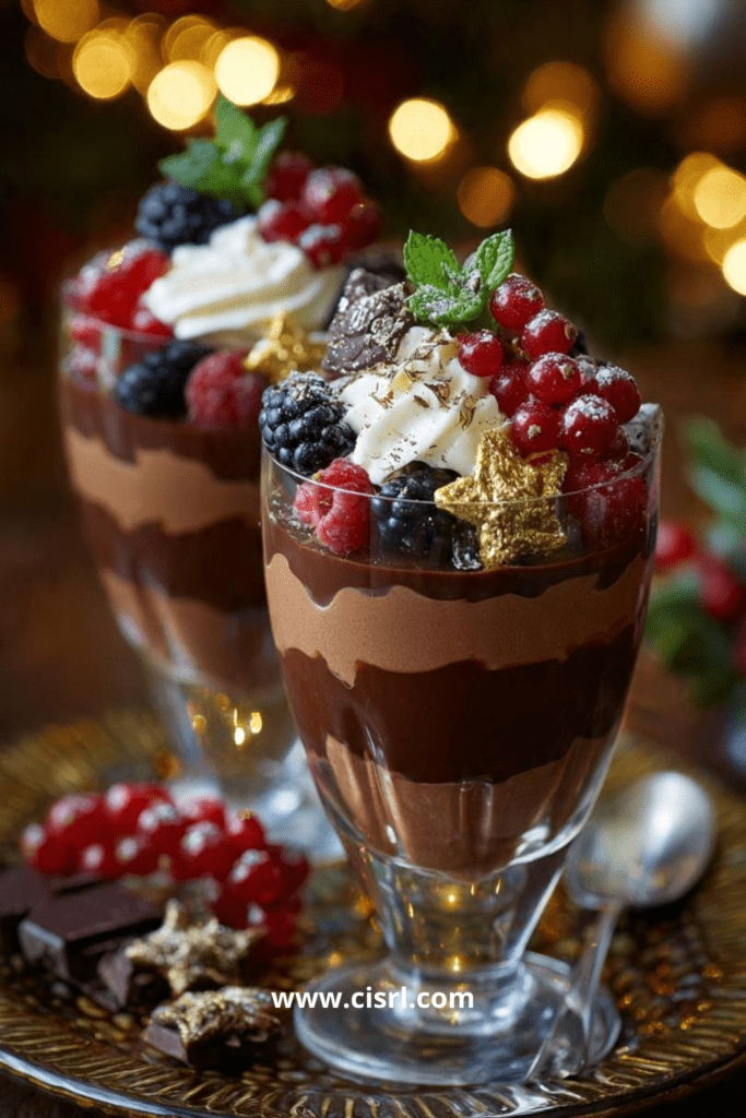 Verrines cheesecake chocolat et Baileys décorées de chantilly et fruits rouges