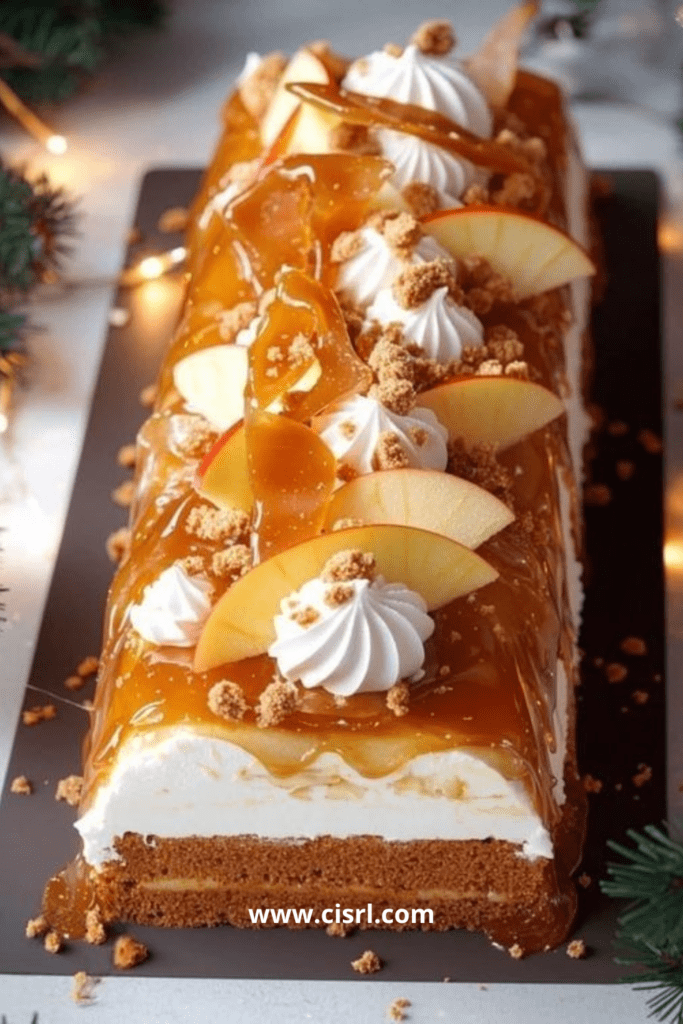 Bûche roulée au caramel beurre salé, pommes caramélisées et spéculoos décorée pour Noël