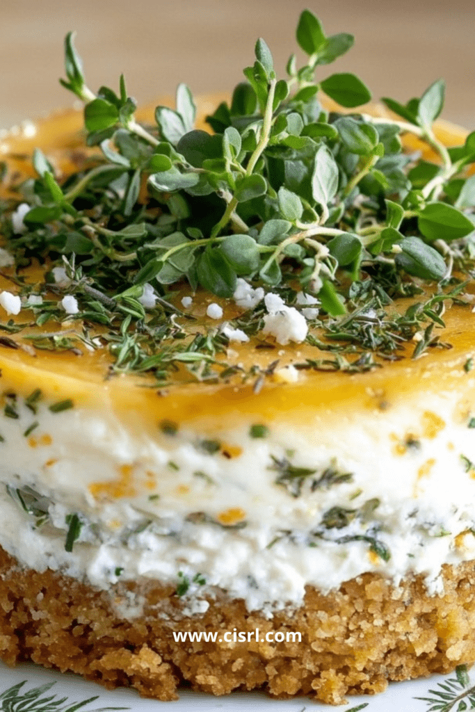 Cheesecake salé aux herbes et citron sur base biscuitée, décoré de thym frais