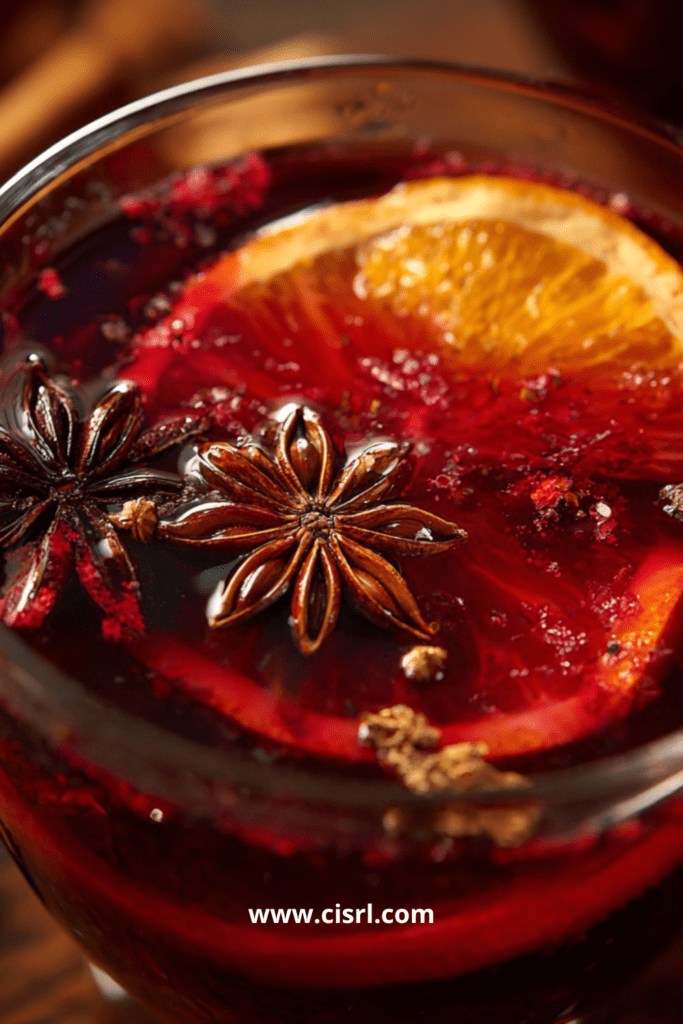 Verres de cocktail de Noël au jus de raisin, rhum et épices avec rondelle d’orange