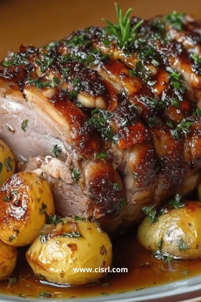 Rôti de porc au four badigeonné de moutarde avec pommes de terre grenailles dorées dans un plat