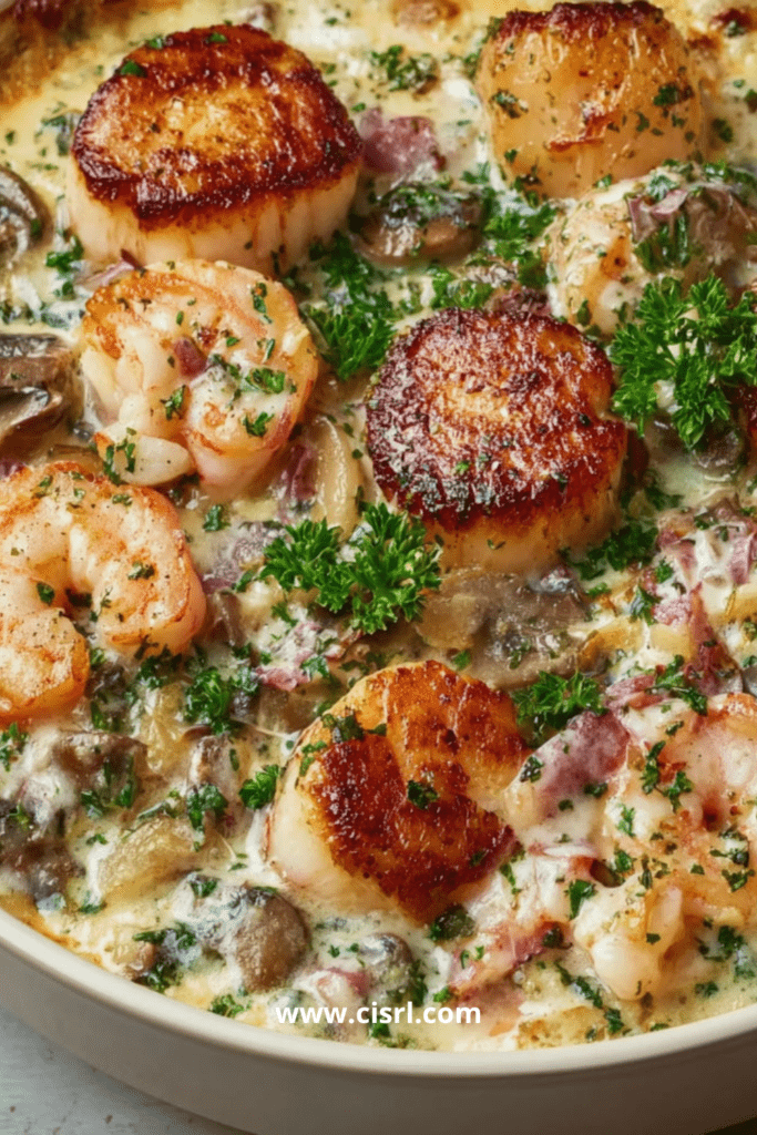 Cassolette de la mer de Noël crémeuse et gratinée