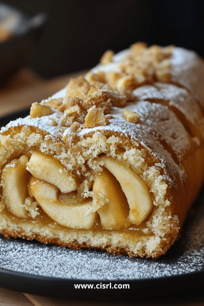 Gâteau roulé aux pommes garni de pommes caramélisées et saupoudré de sucre glace