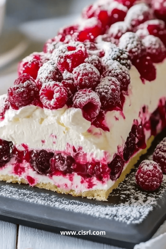 Bûche mascarpone framboise sans cuisson décorée de framboises fraîches