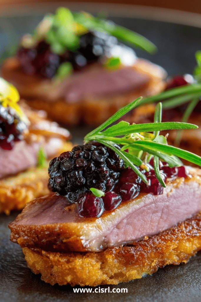 Assiette de salade de roquette avec lamelles de pomme tiède et tranches de magret fumé