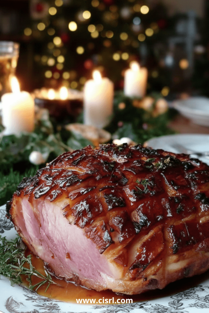 Jambon rôti laqué au miel et aux épices, doré et caramélisé, tranché dans un plat de service festif