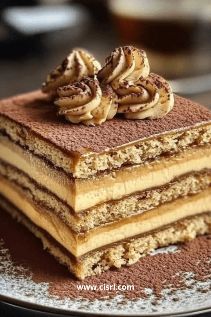 Gâteau Petit Beurre au café en couches, recouvert de crème cacao-vanille et de chocolat râpé dans un plat rectangulaire