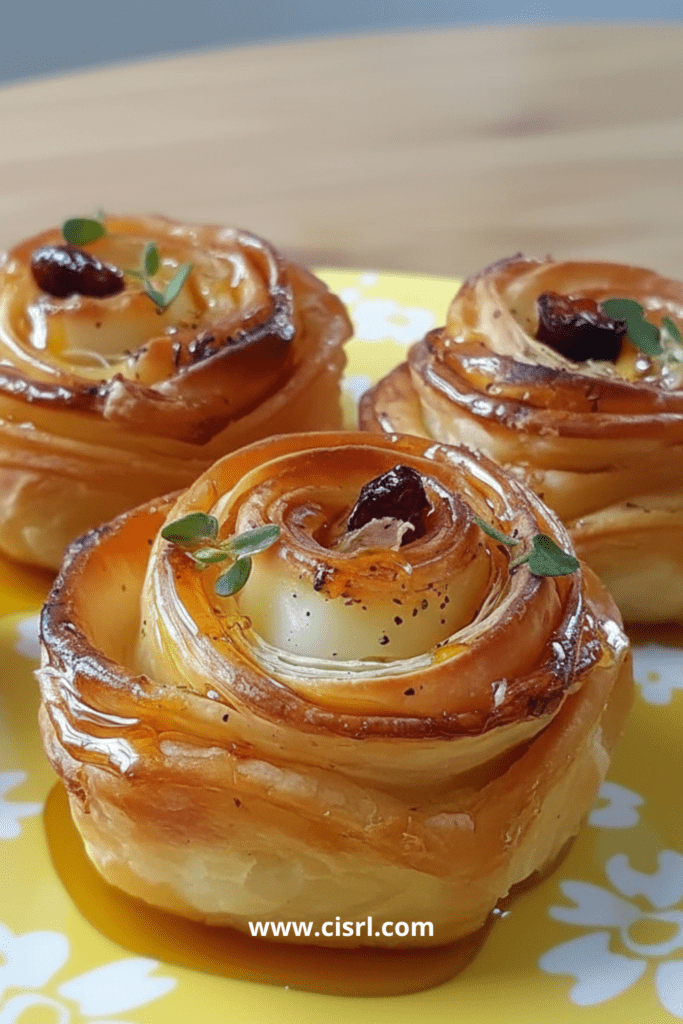 Mini fleurs de brie en feuilleté dorées au miel et garnies de canneberges et thym dans un moule à muffins