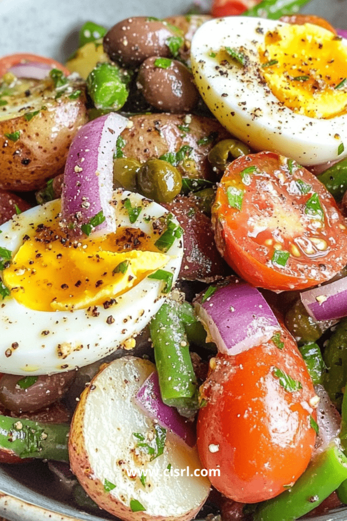 Assiette de salade niçoise tiède avec pommes de terre, œufs, haricots verts, tomates cerises et olives noires
