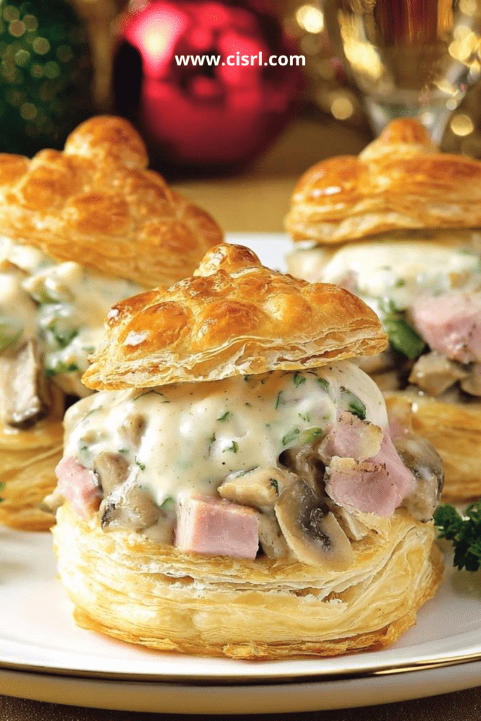 Vol-au-vent dorés garnis de ris de veau et sauce crémeuse aux morilles, servis en entrée festive