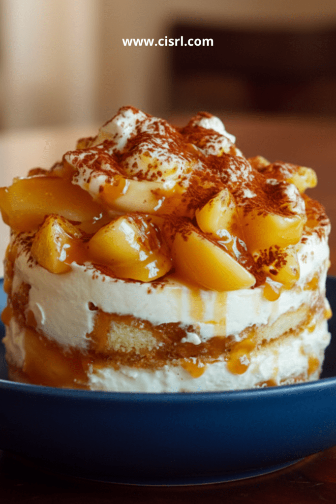 Part de tiramisu au caramel beurre salé avec pommes poêlées et cacao en poudre