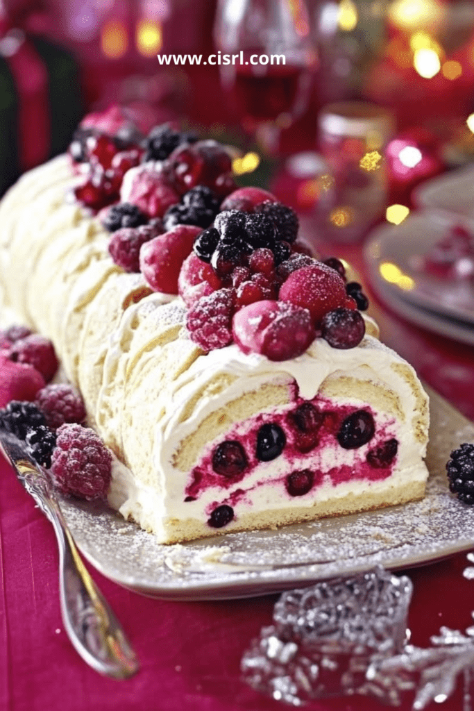 Bûche de Noël roulée au mascarpone et fruits frais, décorée de sucre glace, fruits et feuilles de menthe