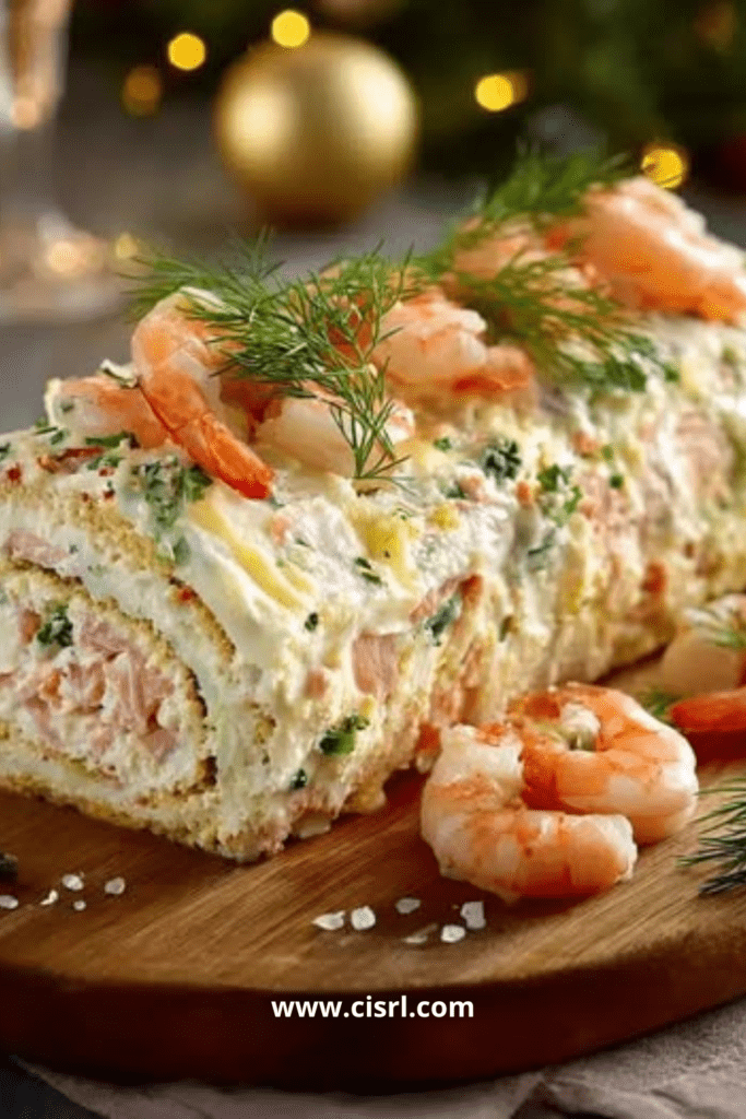 Bûche salée roulée garnie de fromage frais, crevettes et saumon fumé, décorée d’aneth