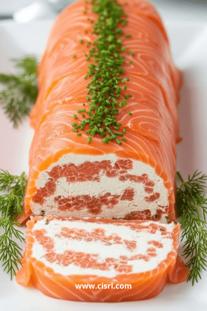 Roulé de saumon fumé farci au fromage frais aux herbes, tranché en rondelles sur un plat de fête