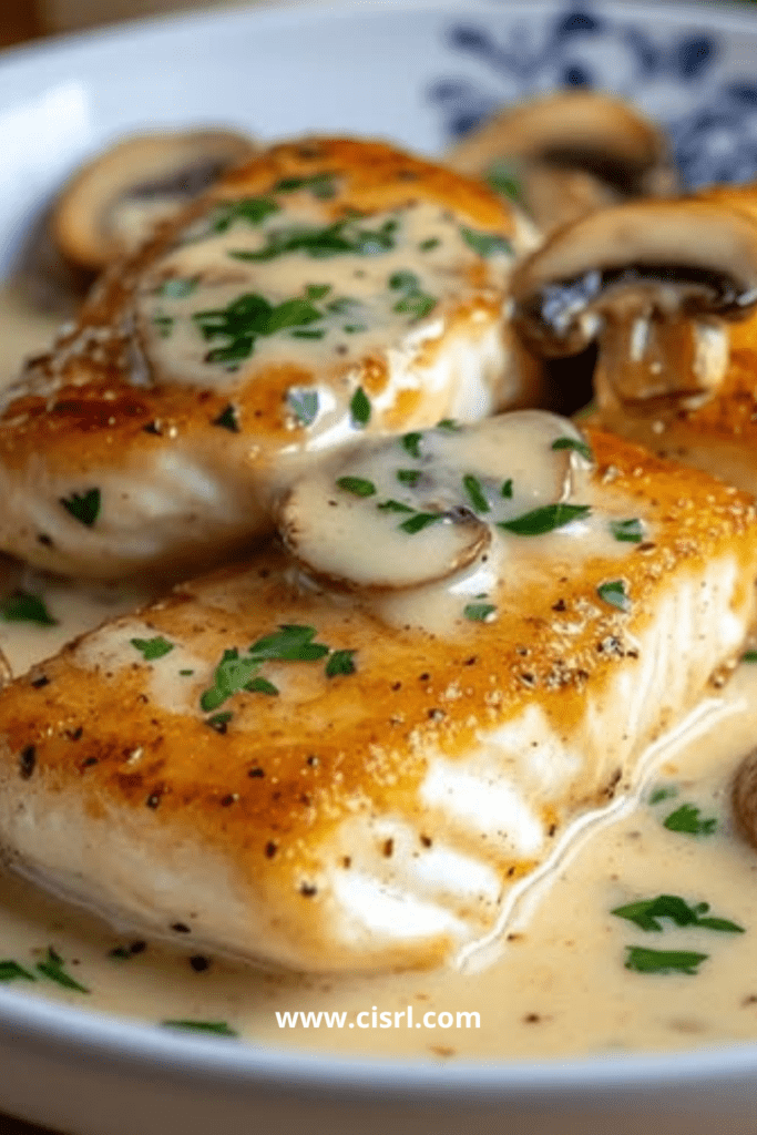 Filets de poisson blanc poêlés nappés de sauce crémeuse aux champignons et persil frais
