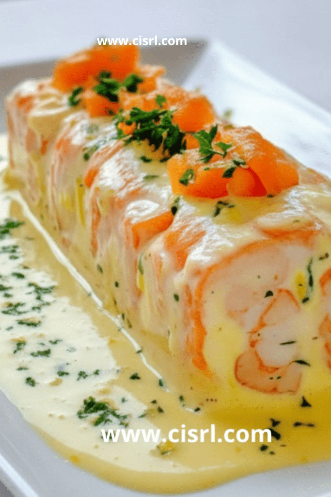 Tranches de terrine de Saint-Jacques, saumon et crevettes servies froides avec sauce crème citronnée et salade verte