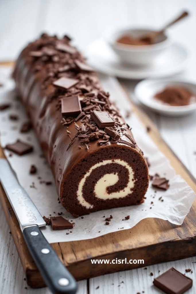Roulé de gâteau au chocolat garni de crème fouettée à la vanille et recouvert de ganache brillante