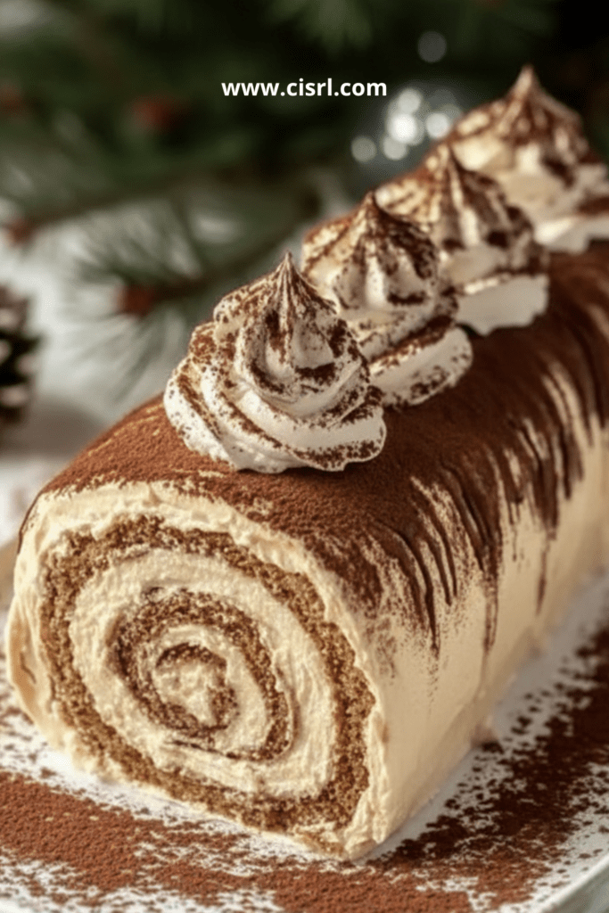 Bûche roulée façon tiramisu au café, garnie de crème mascarpone et saupoudrée de cacao