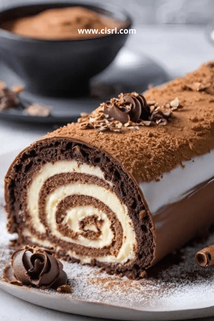 Bûche Façon Tiramisu roulée, saupoudrée de cacao, garnie de crème mascarpone au café sur un plat de fête