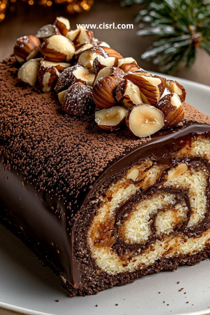 Bûche de Noël au chocolat noir, roulée et nappée de ganache, décorée d’éclats de noisette croustillants