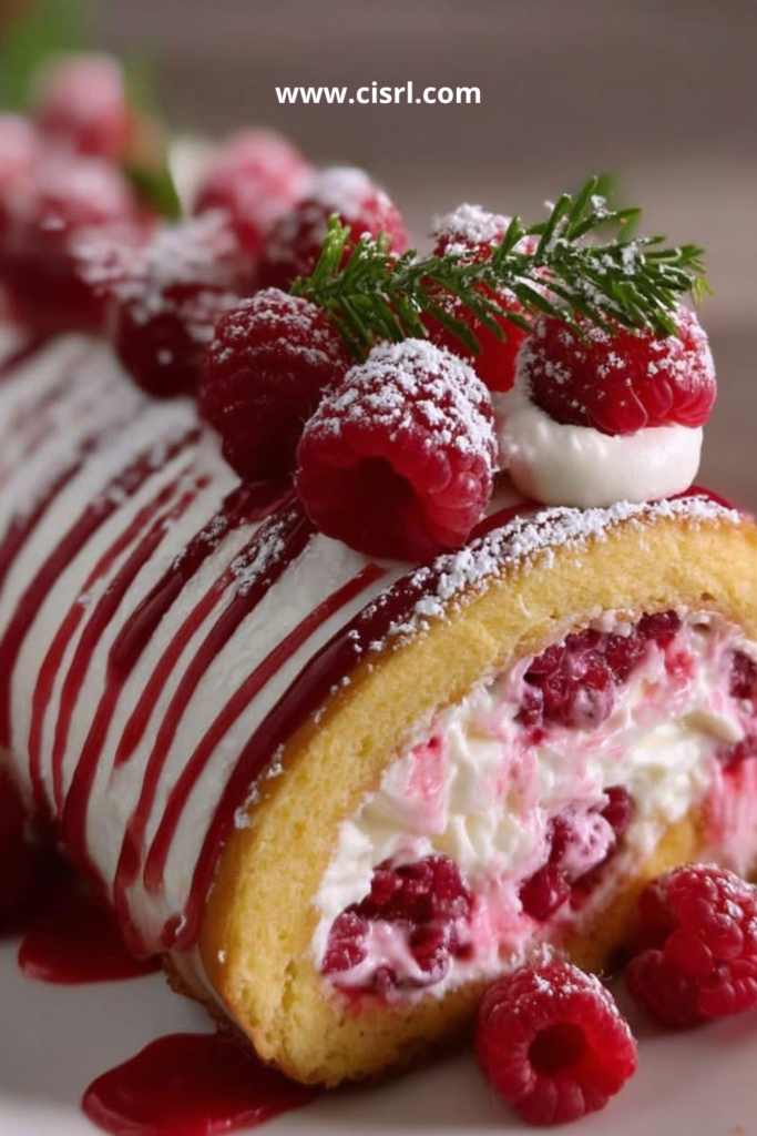 Bûche roulée framboise et mascarpone, génoise roulée garnie de crème blanche et de framboises fraîches, saupoudrée de sucre glace