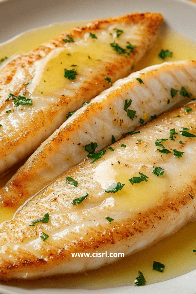 Assiette de filets de poisson blanc nappés de beurre citronné et persil frais