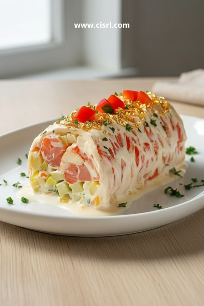 Bûche salée roulée au saumon fumé et crevettes, décorée de concombre et poivron rouge sur un plat de fête