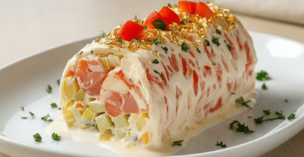 Bûche salée roulée au saumon fumé et crevettes, décorée de concombre et poivron rouge sur un plat de fête