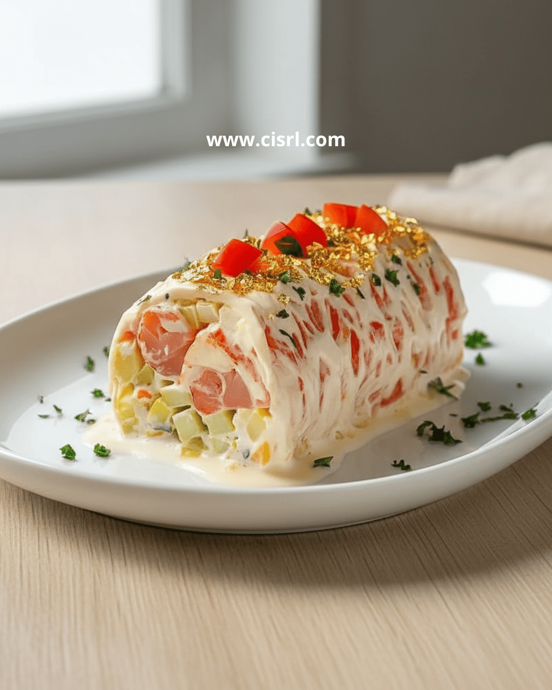 Bûche salée roulée au saumon fumé et crevettes, décorée de concombre et poivron rouge sur un plat de fête