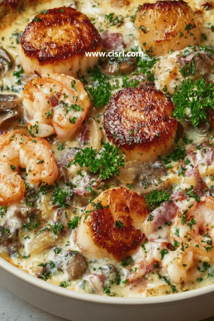 Cassolette de fruits de mer gratinée pour Noël avec Saint-Jacques, crevettes et poisson blanc dans une sauce crémeuse festive