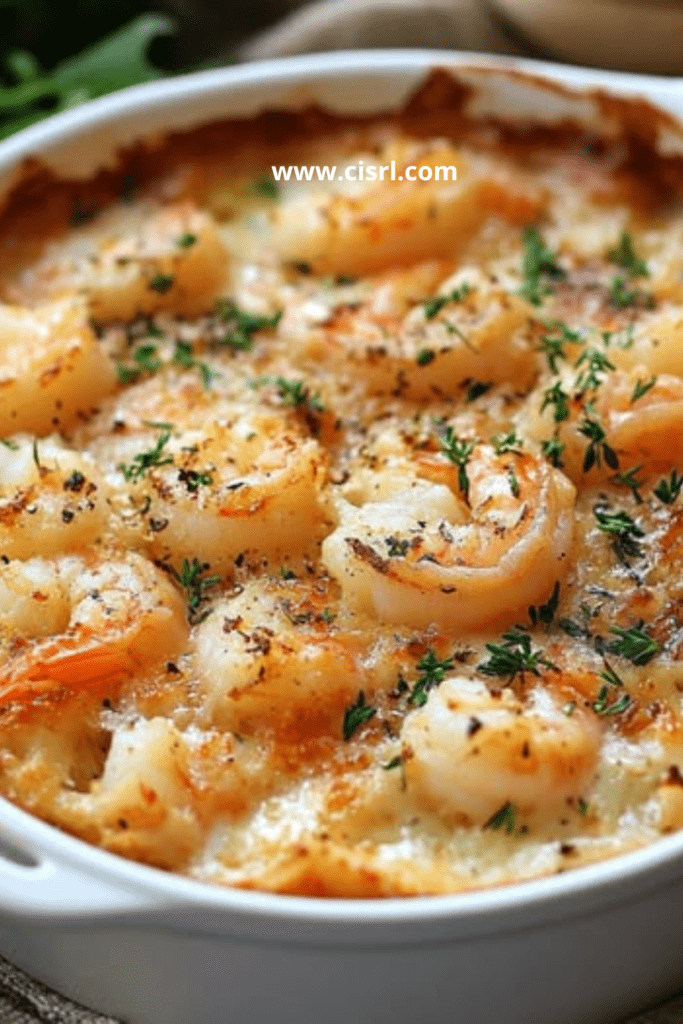 Gratin de crevettes crémeux au four, doré au fromage avec persil frais dans un plat familial