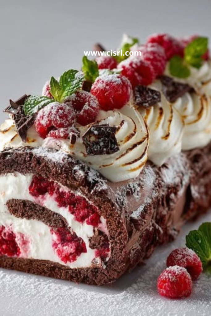 Bûche glacée framboises chocolat recouverte de meringue dorée et décorée de framboises fraîches et copeaux de chocolat