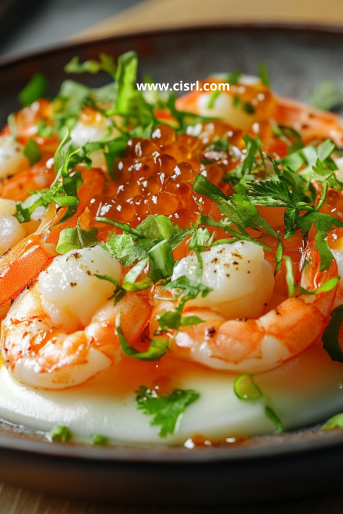 Assiette de crevettes et noix de Saint-Jacques au beurre, garnie d’œufs de saumon et d’herbes fraîches