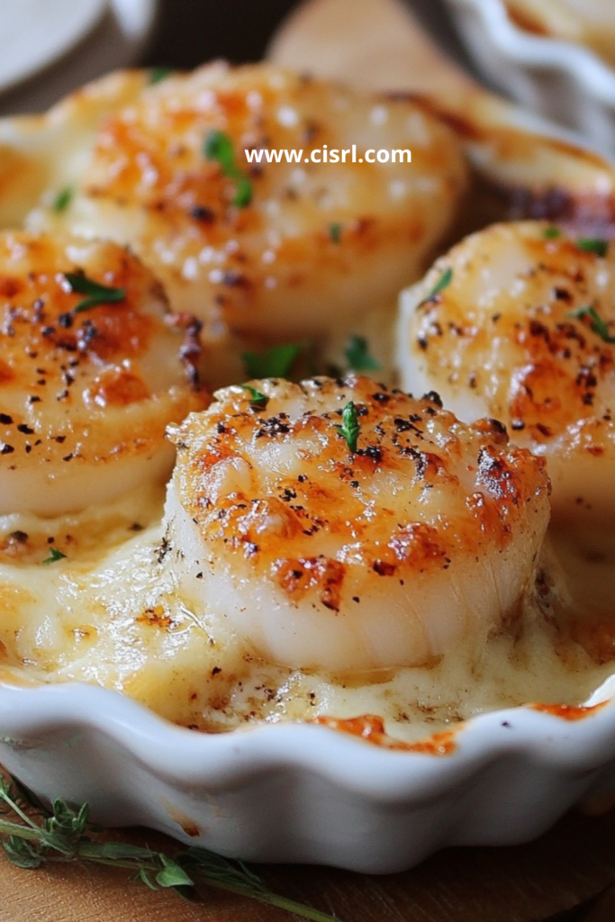 Coquilles Saint-Jacques gratinées à la crème et au fromage, dorées au four et servies dans des coquilles individuelles
