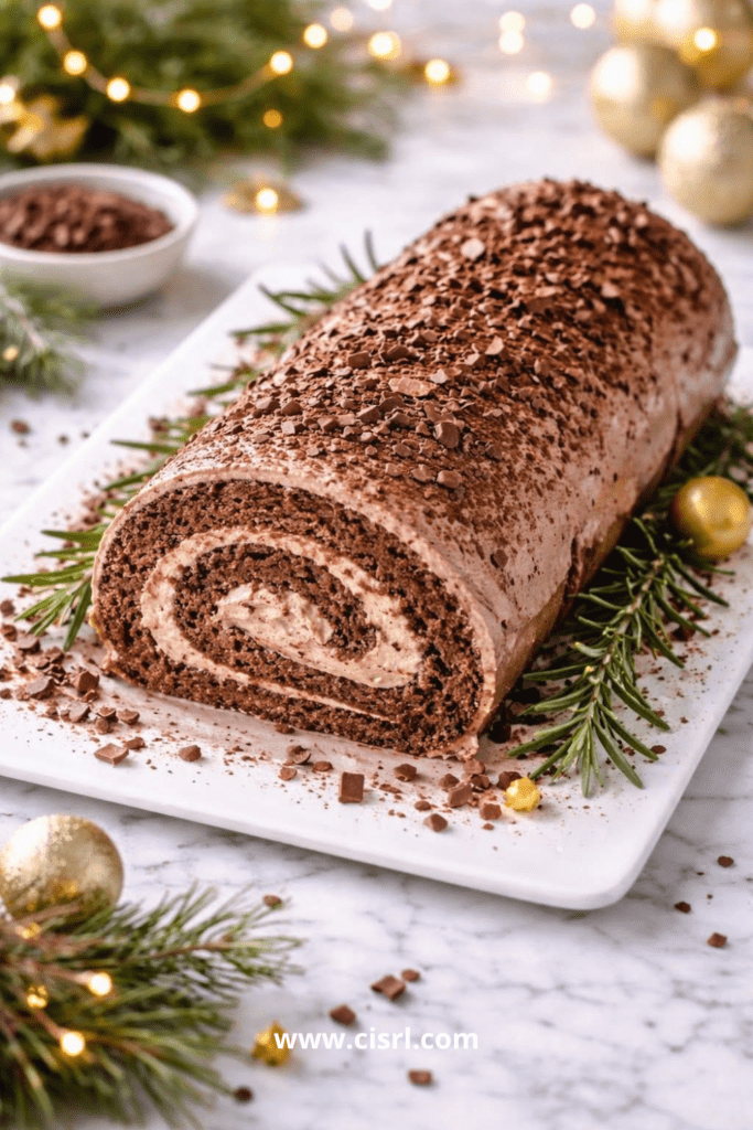 Bûche de Noël au chocolat et mascarpone roulée, décorée de cacao et copeaux de chocolat sur un plat festif