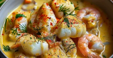 Blanquette de poisson au lait de coco et curry servie dans une assiette creuse avec crevettes, sauce onctueuse et herbes fraîches