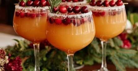 Cocktail festif sans alcool à l’orange, canneberges et romarin dans un verre givré de sucre