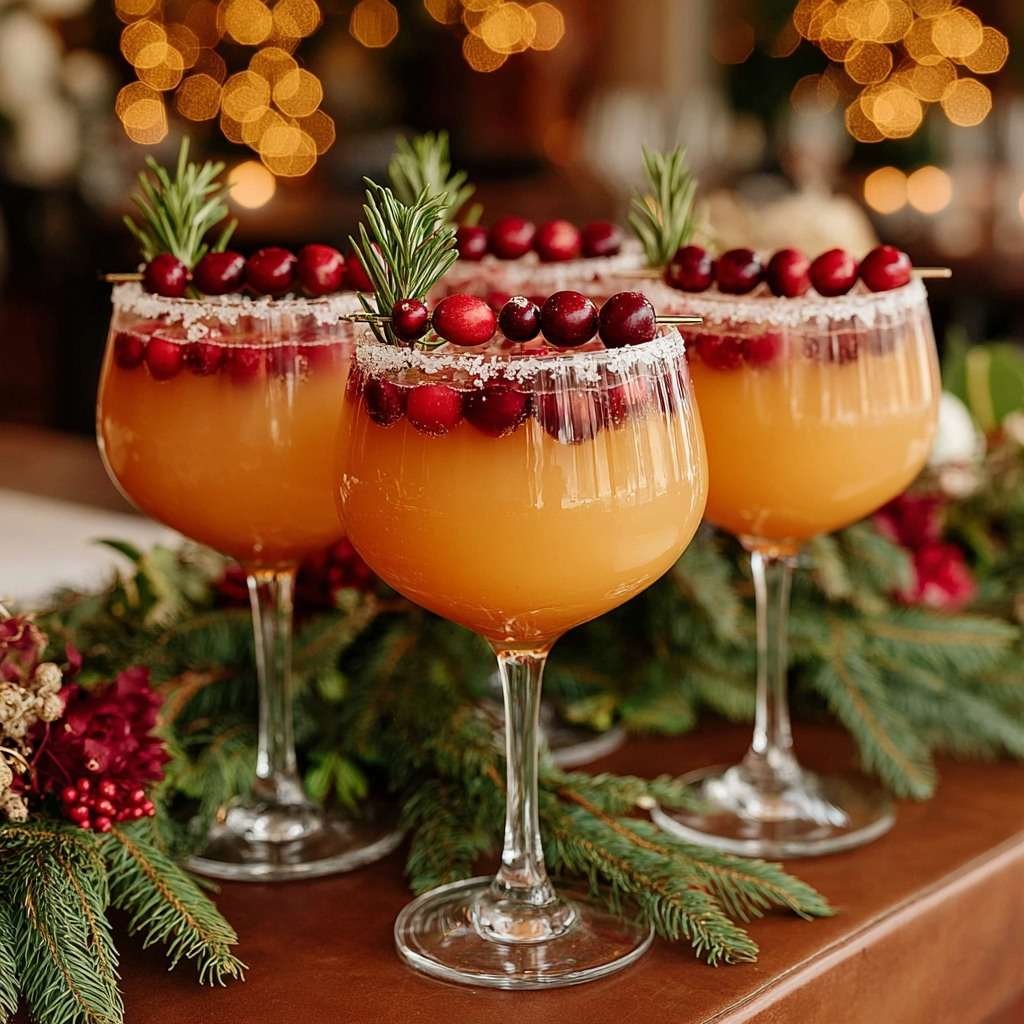 Cocktail festif sans alcool à l’orange, canneberges et romarin dans un verre givré de sucre