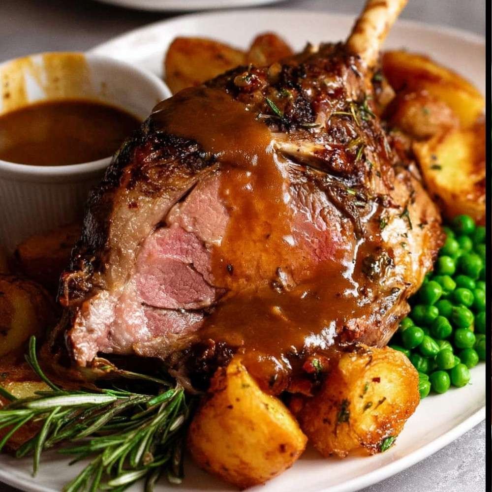 Gigot d’agneau rôti tranché, nappé de sauce au vin blanc et parsemé d’herbes fraîches dans un grand plat de service familial.
